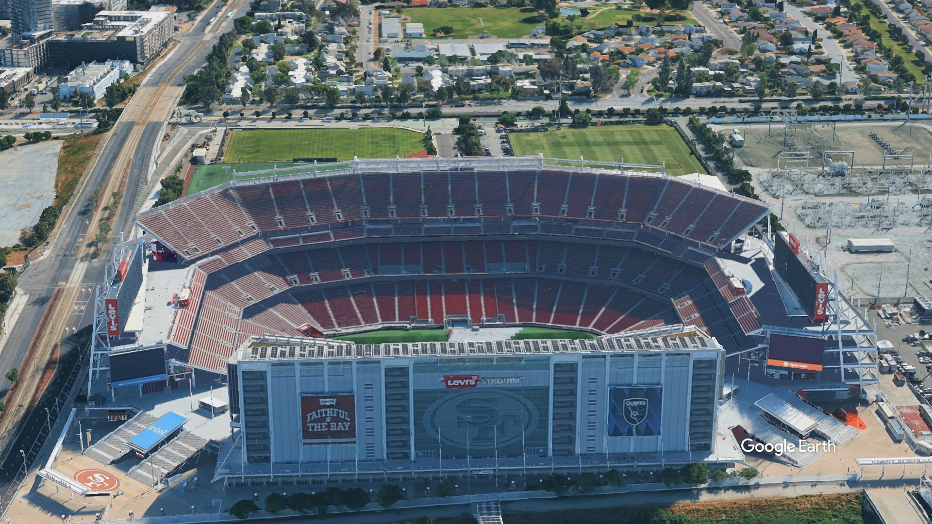 Side perspective of Levi's Stadium showing the premium suite levels and architectural details