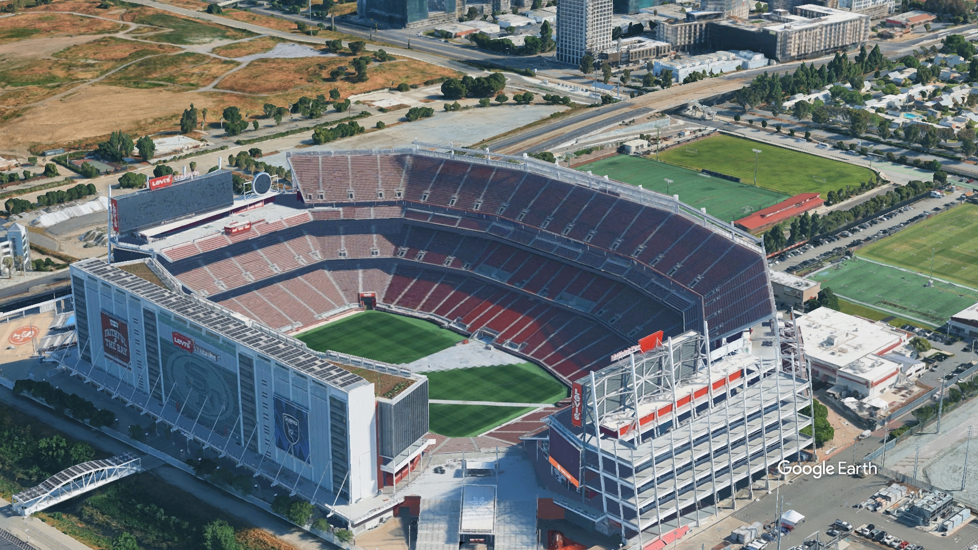 Elevated external view of Levi's Stadium showcasing the roof structure and surrounding area